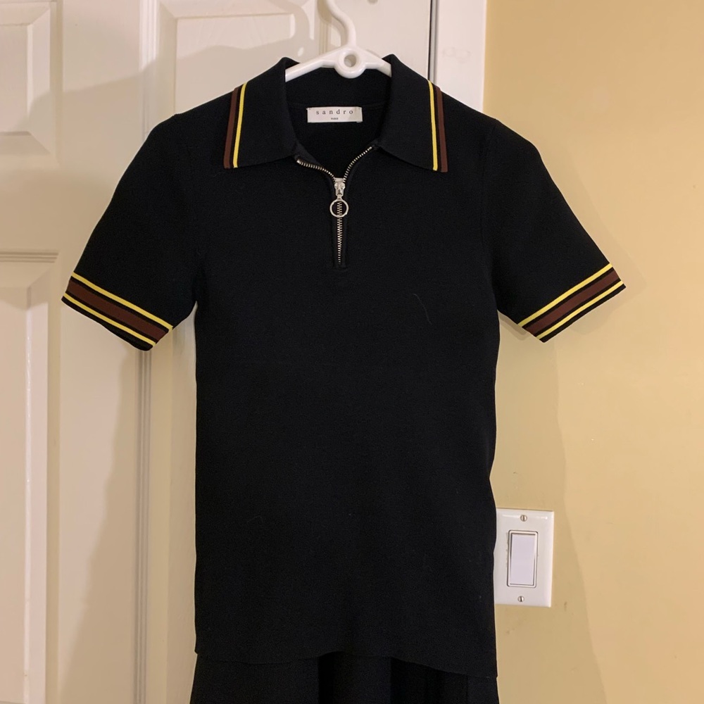 Sandro 2-Piece Black Knit Zip Polo Top & Ribbed MIDI Skirt Set - Picture 8 of 10